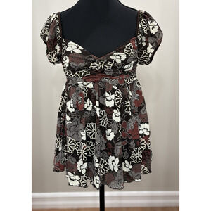 Vintage Y2K Rampage Medium Brown Floral Mesh Fairy Babydoll‎ Cap Short Sleeve